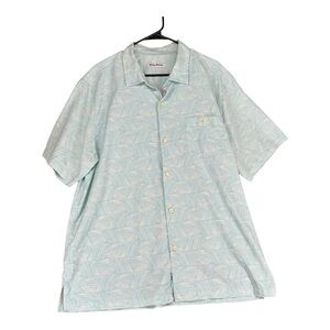 Tommy Bahama Men’s XL Aqua Short Sleeve Geo Camp Button Shirt Silk Blend Coastal